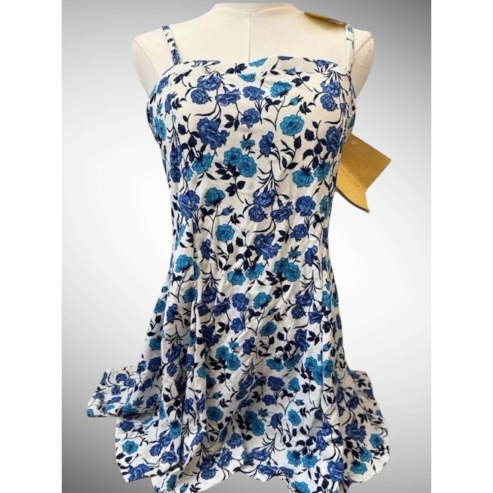 Vintage NWT Slender Thigh Blue Floral Swim Dress One Piece Skirted Swimsuit 14